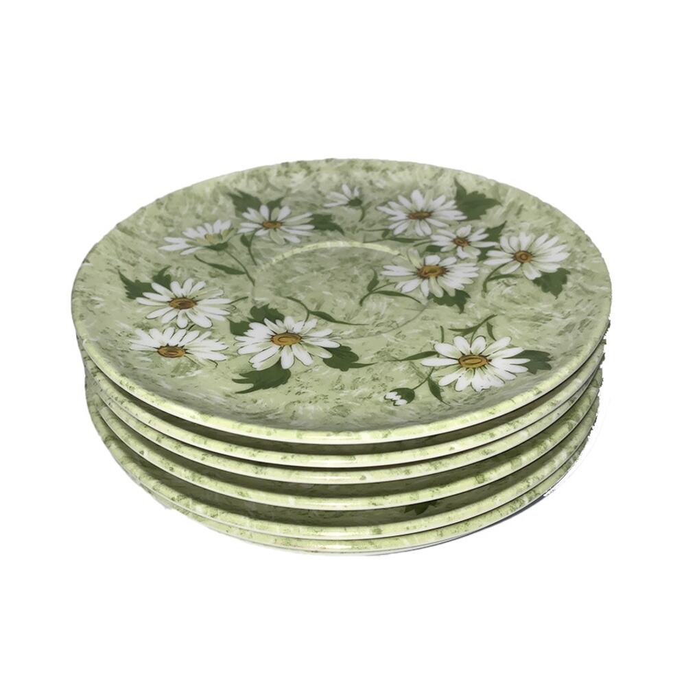 Vintage DEL MAR MELMAC 7-Piece 6" Saucer Set Plate #604 Avocado Green & Daisies